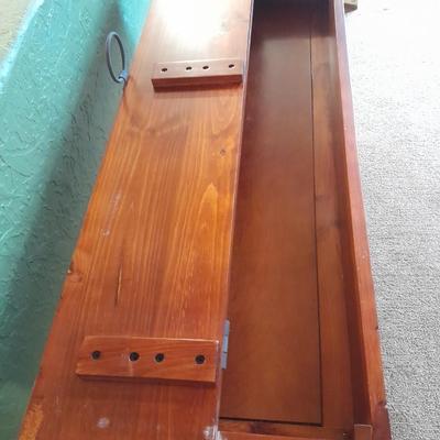 Rustic wooden iron base sofa table with hinged top storage