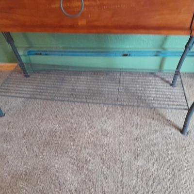 Rustic wooden iron base sofa table with hinged top storage