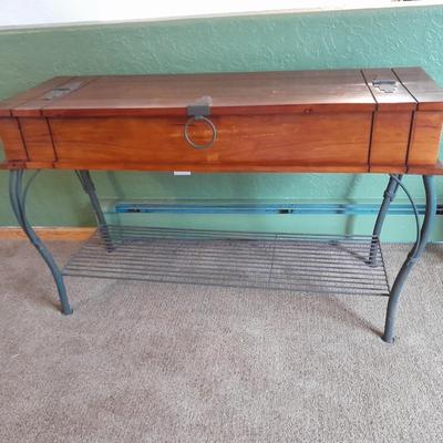 Rustic wooden iron base sofa table with hinged top storage