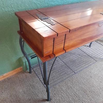 Rustic wooden iron base sofa table with hinged top storage