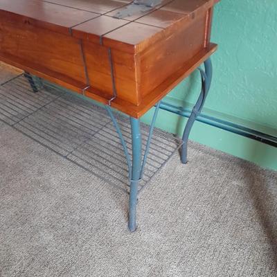 Rustic wooden iron base sofa table with hinged top storage