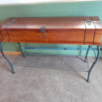 Rustic wooden iron base sofa table with hinged top storage