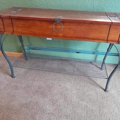 Rustic wooden iron base sofa table with hinged top storage