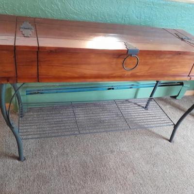 Rustic wooden iron base sofa table with hinged top storage