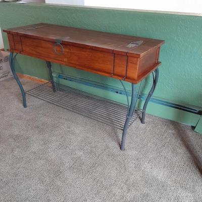 Rustic wooden iron base sofa table with hinged top storage