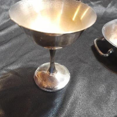 Silver Plate dishware 4 stemmed goblets Portugal signed and marked and a handled oval dish.