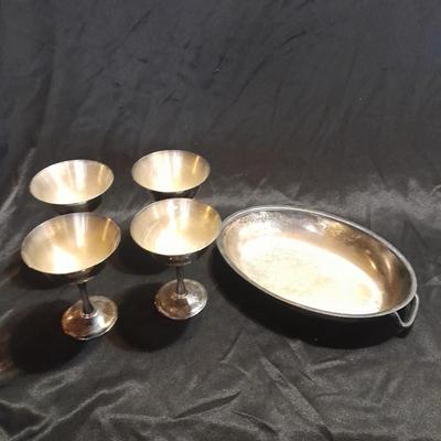 Silver Plate dishware 4 stemmed goblets Portugal signed and marked and a handled oval dish.