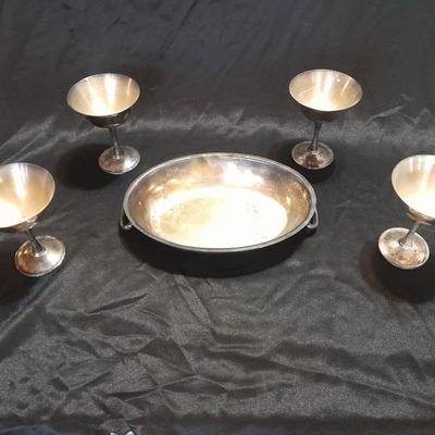 Silver Plate dishware 4 stemmed goblets Portugal signed and marked and a handled oval dish.