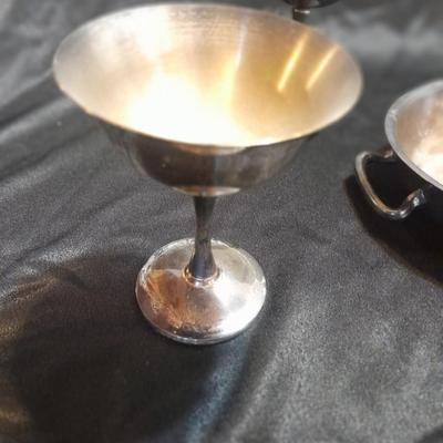 Silver Plate dishware 4 stemmed goblets Portugal signed and marked and a handled oval dish.