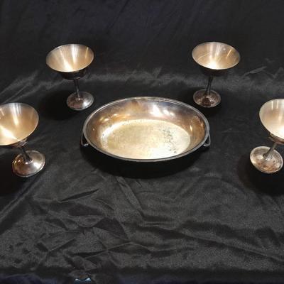 Silver Plate dishware 4 stemmed goblets Portugal signed and marked and a handled oval dish.