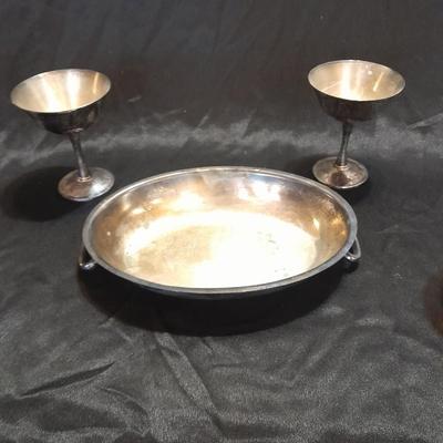Silver Plate dishware 4 stemmed goblets Portugal signed and marked and a handled oval dish.