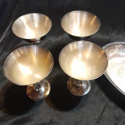 Silver Plate dishware 4 stemmed goblets Portugal signed and marked and a handled oval dish.