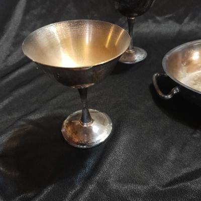 Silver Plate dishware 4 stemmed goblets Portugal signed and marked and a handled oval dish.