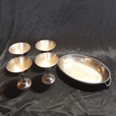 Silver Plate dishware 4 stemmed goblets Portugal signed and marked and a handled oval dish.