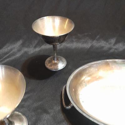 Silver Plate dishware 4 stemmed goblets Portugal signed and marked and a handled oval dish.