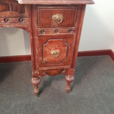 Antique wooden vanity with bench and mirror