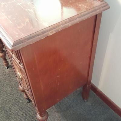 Antique wooden vanity with bench and mirror