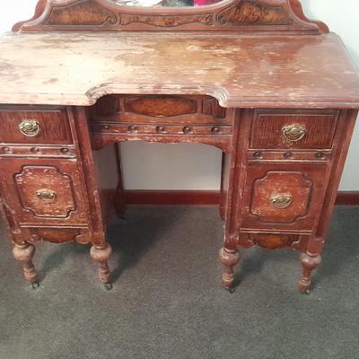 Antique wooden vanity with bench and mirror