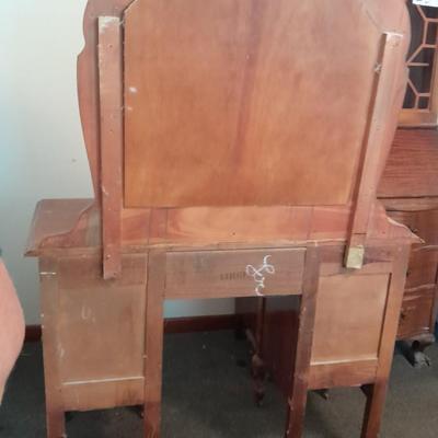 Antique wooden vanity with bench and mirror