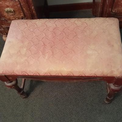 Antique wooden vanity with bench and mirror