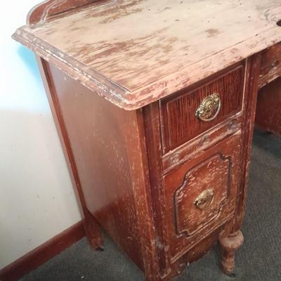 Antique wooden vanity with bench and mirror