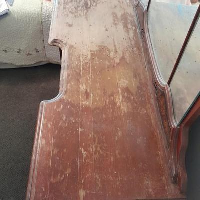 Antique wooden vanity with bench and mirror