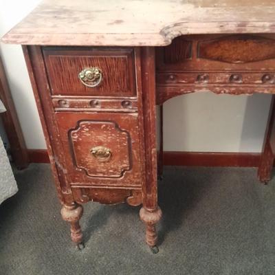 Antique wooden vanity with bench and mirror