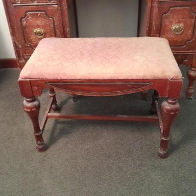 Antique wooden vanity with bench and mirror