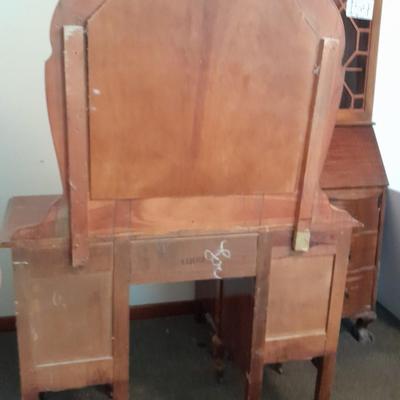 Antique wooden vanity with bench and mirror