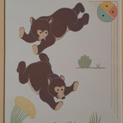 Vintage Gerald Nailor Navajo Artist Silkscreen Bear Cubs Playing Silkscreen Replica