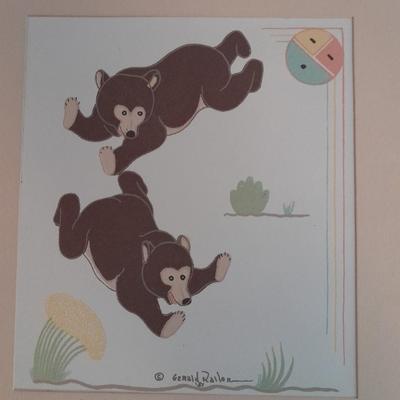 Vintage Gerald Nailor Navajo Artist Silkscreen Bear Cubs Playing Silkscreen Replica