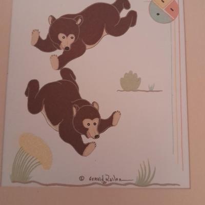 Vintage Gerald Nailor Navajo Artist Silkscreen Bear Cubs Playing Silkscreen Replica