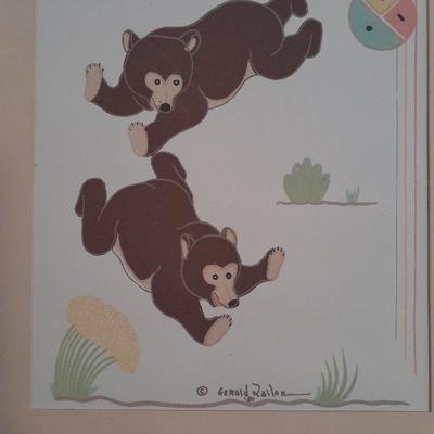 Vintage Gerald Nailor Navajo Artist Silkscreen Bear Cubs Playing Silkscreen Replica