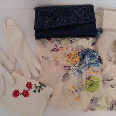 Beautiful floral Beaded Evening Clutch, vintage white gloves, antique feather headband and silk scarf