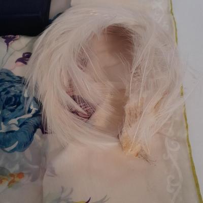 Beautiful floral Beaded Evening Clutch, vintage white gloves, antique feather headband and silk scarf