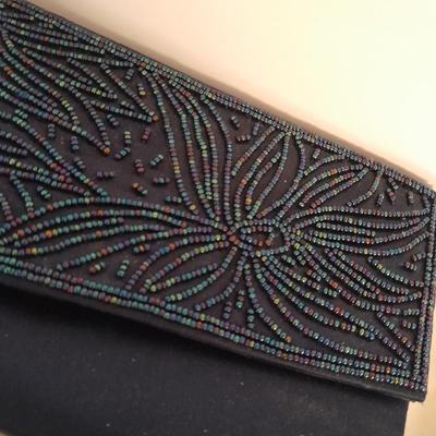 Beautiful floral Beaded Evening Clutch, vintage white gloves, antique feather headband and silk scarf