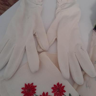 Beautiful floral Beaded Evening Clutch, vintage white gloves, antique feather headband and silk scarf