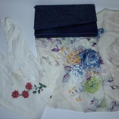 Beautiful floral Beaded Evening Clutch, vintage white gloves, antique feather headband and silk scarf