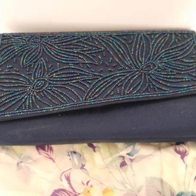 Beautiful floral Beaded Evening Clutch, vintage white gloves, antique feather headband and silk scarf