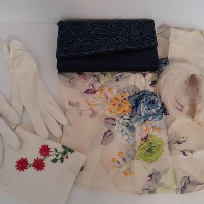 Beautiful floral Beaded Evening Clutch, vintage white gloves, antique feather headband and silk scarf