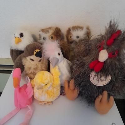 Collection of Plush birds, Chicken & baby, flamingo, owls, hawk and eagle