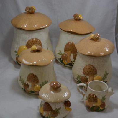 Vintage ARNELS Cottagecore Mushroom Canisters with Creamer & Sugar Bowl