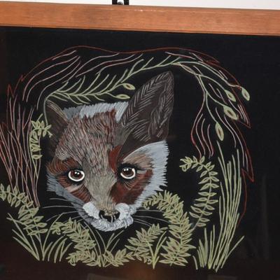 Unique Raccoon Drawing on Satin/Felt in Vintage Wood Frame
