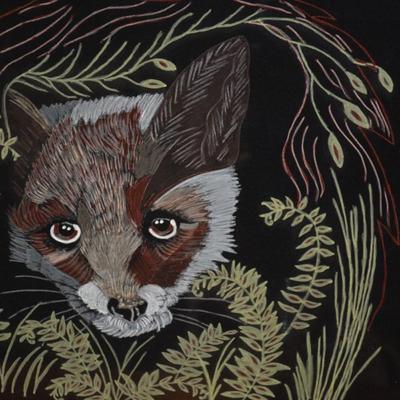 Unique Raccoon Drawing on Satin/Felt in Vintage Wood Frame