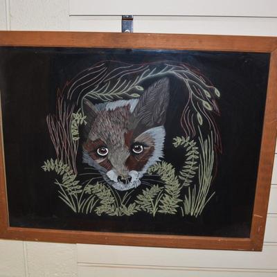 Unique Raccoon Drawing on Satin/Felt in Vintage Wood Frame
