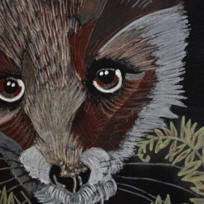 Unique Raccoon Drawing on Satin/Felt in Vintage Wood Frame