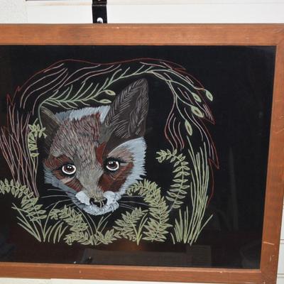 Unique Raccoon Drawing on Satin/Felt in Vintage Wood Frame