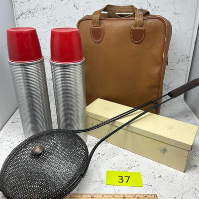 Vintage Thermos + Cracker Box Set and Fire Basket
