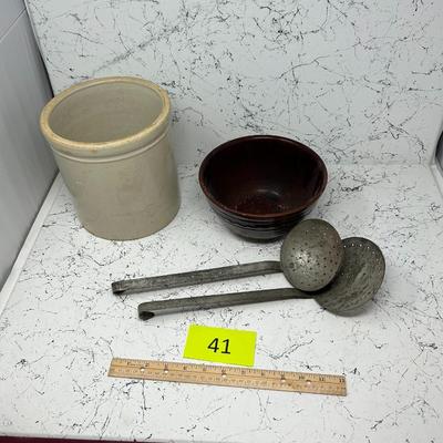 Vintage crock, Bowl and Strainer Ladles