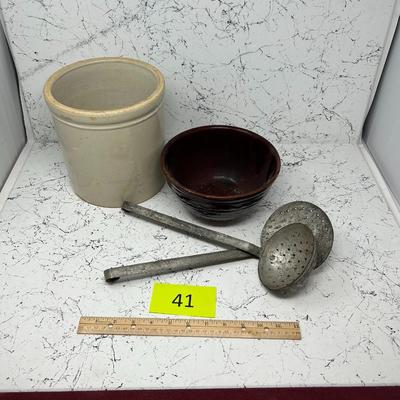 Vintage crock, Bowl and Strainer Ladles